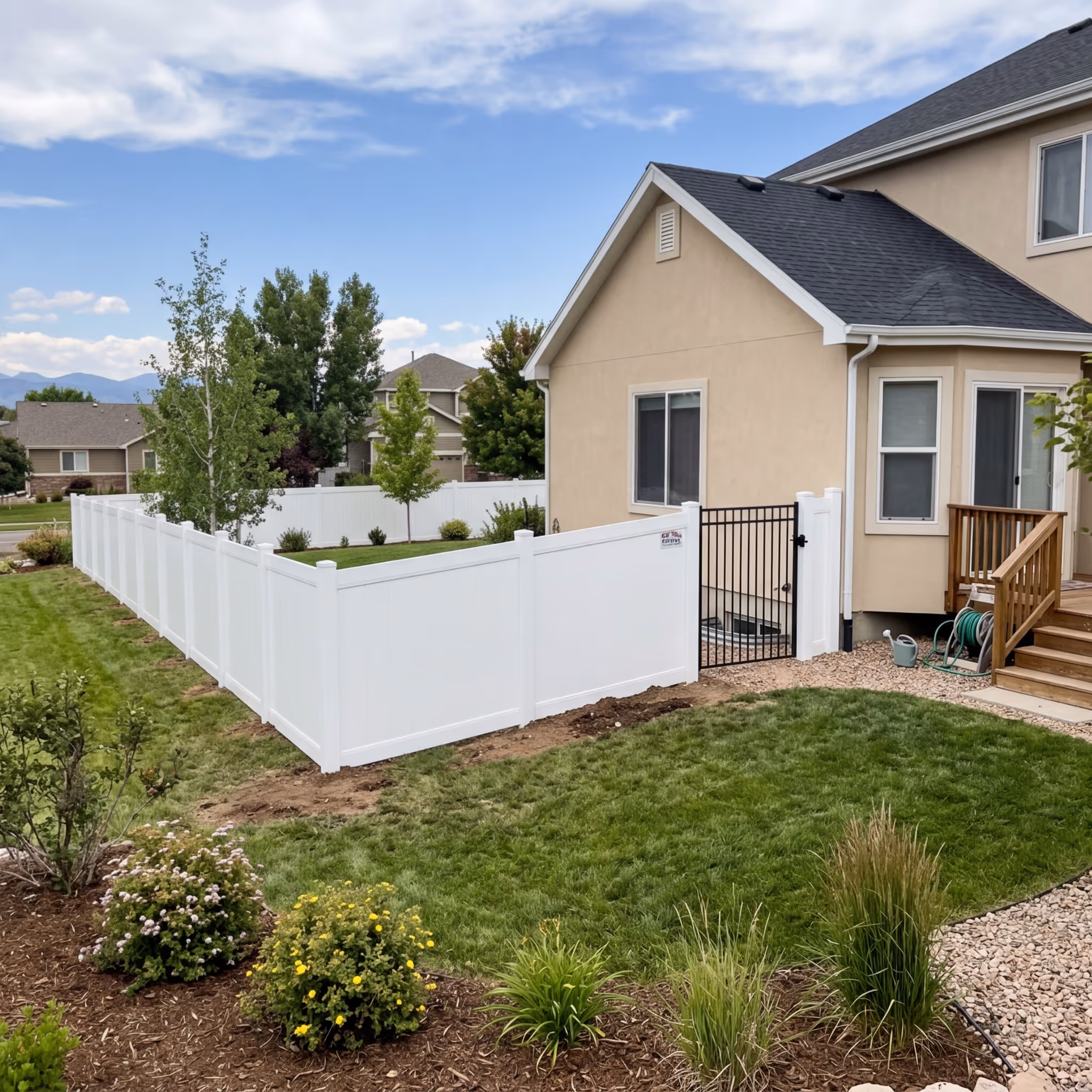 Backyard with a beige house, white vinyl privacy fence, black metal gate, green lawn, and landscaped garden beds under a cloudy sky.
