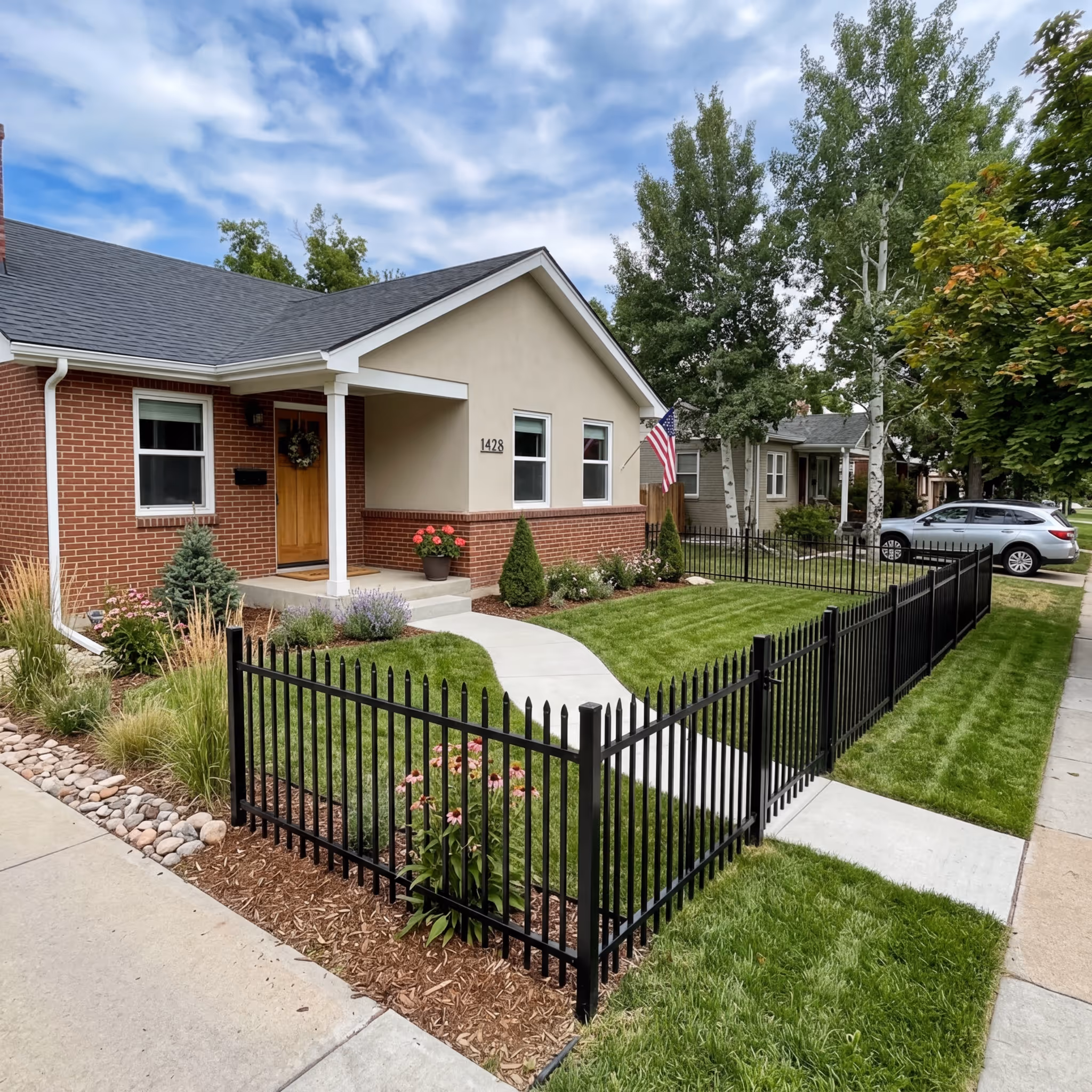 Suburban house with a brick and beige exterior, a black metal fence surrounding a well-kept lawn and walkway, and an American flag near the porch.