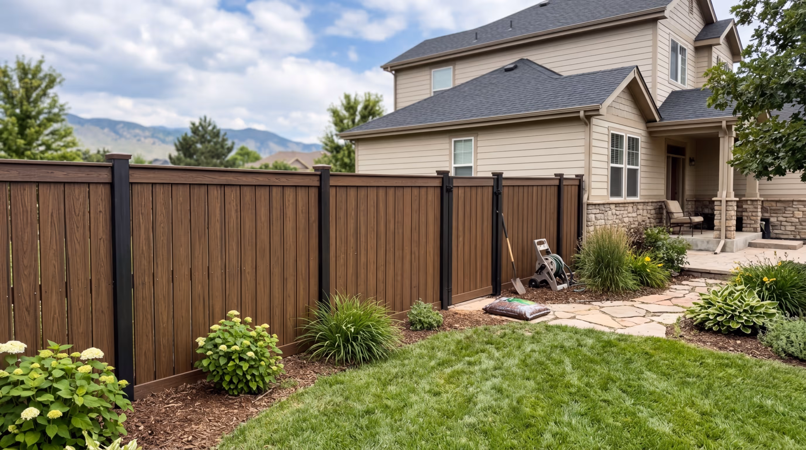 Backyard of a suburban house with a brown wooden fence, green lawn, and landscaped garden beds.