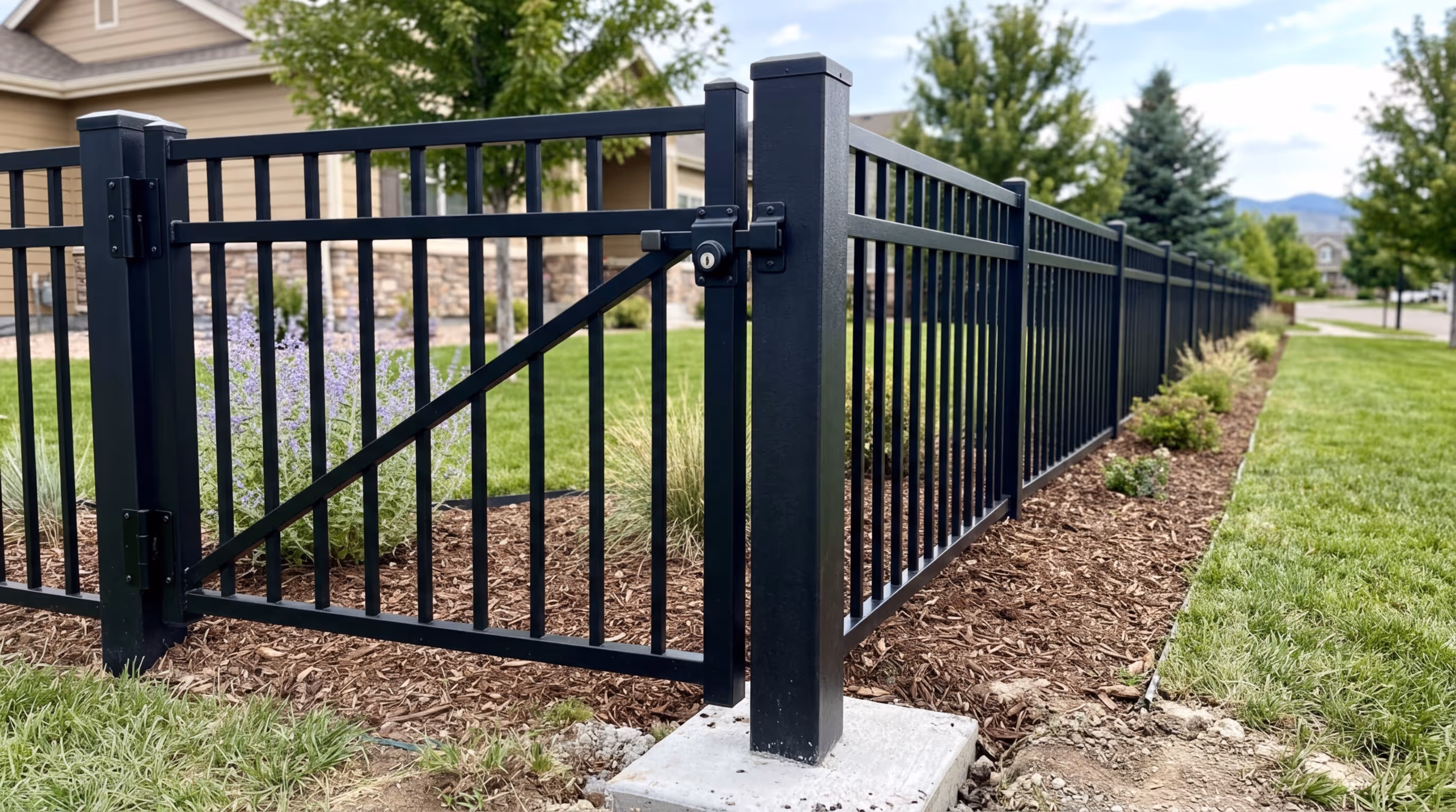 Black metal fence with a closed gate surrounding a landscaped yard with grass, mulch, and shrubs.