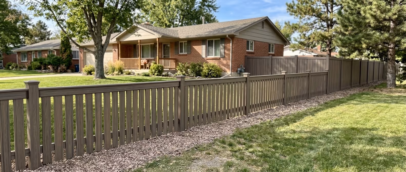 Long brown wooden fence along a lawn with a brick house and trees in the background.