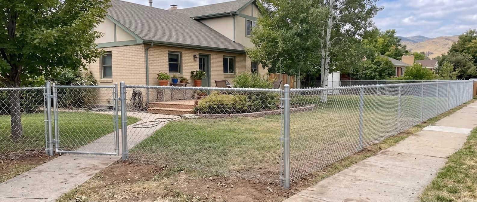 Chain-link fence with a gate enclosing a grassy yard in front of a two-story house with trees and a sidewalk outside.