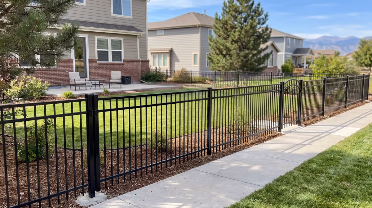 Black metal fence bordering a suburban backyard with green lawn, patio furniture, and houses in the background.