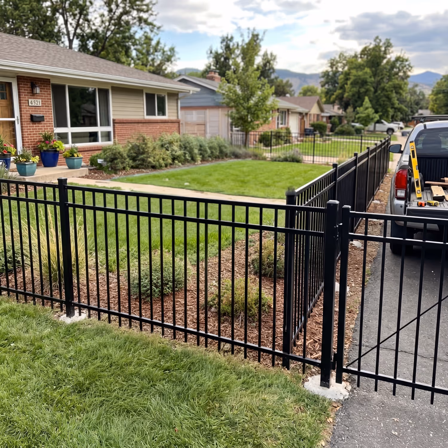 Black metal fence enclosing a residential front yard with green grass and plants, adjacent to a driveway with a pickup truck.