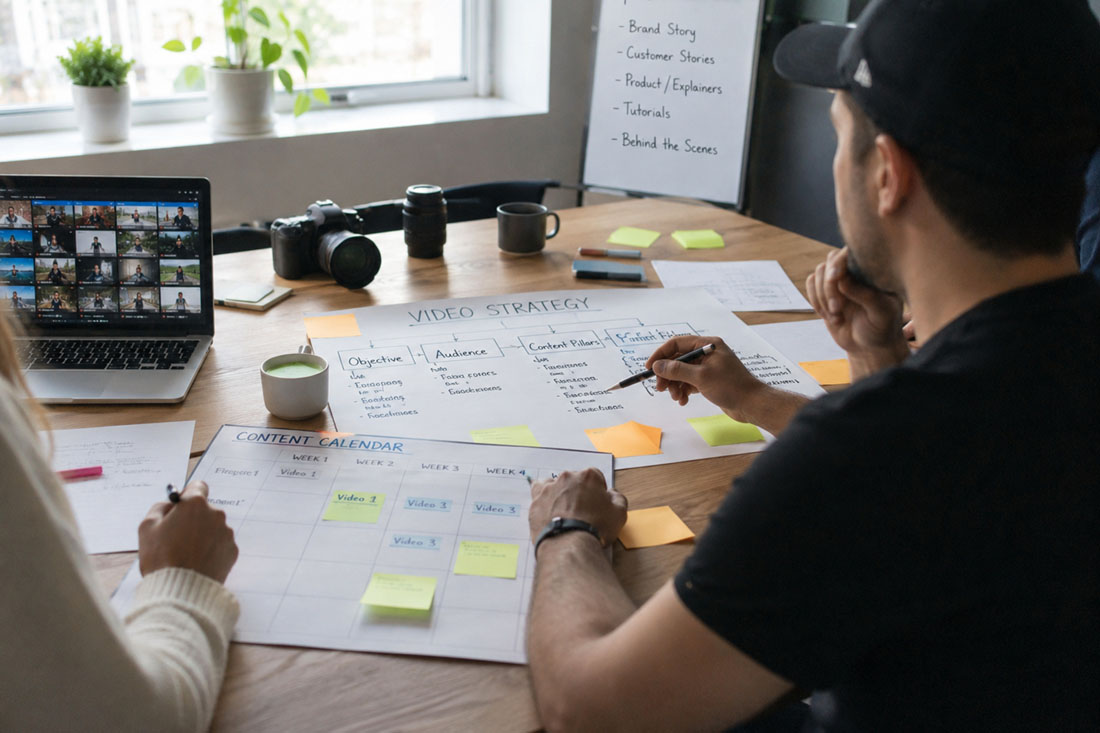 Two people at a wooden table planning a video strategy and content calendar with papers, sticky notes, a laptop displaying video thumbnails, a camera, and a mug nearby.