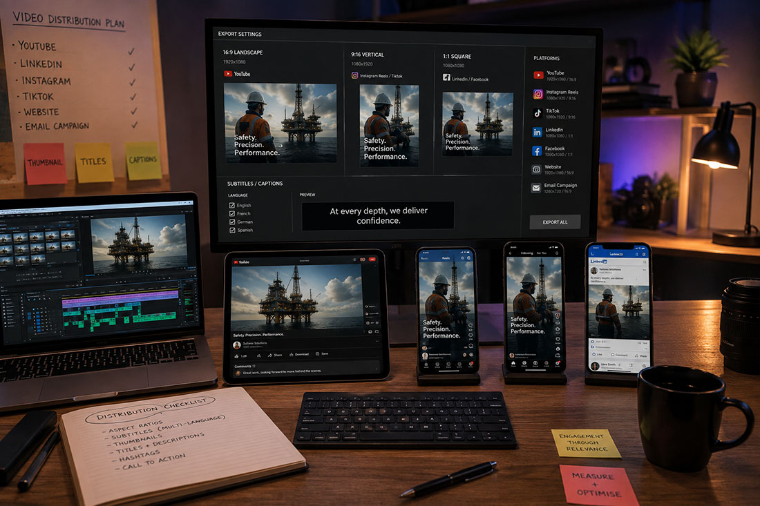 Workspace setup showing multiple devices including a laptop, tablet, and four smartphones displaying video content about safety, precision, and performance on an oil platform with different video export settings and social media platforms on a large monitor, sticky notes with distribution plan and checklist, a keyboard, pen, coffee mug, and camera lens on a wooden desk.