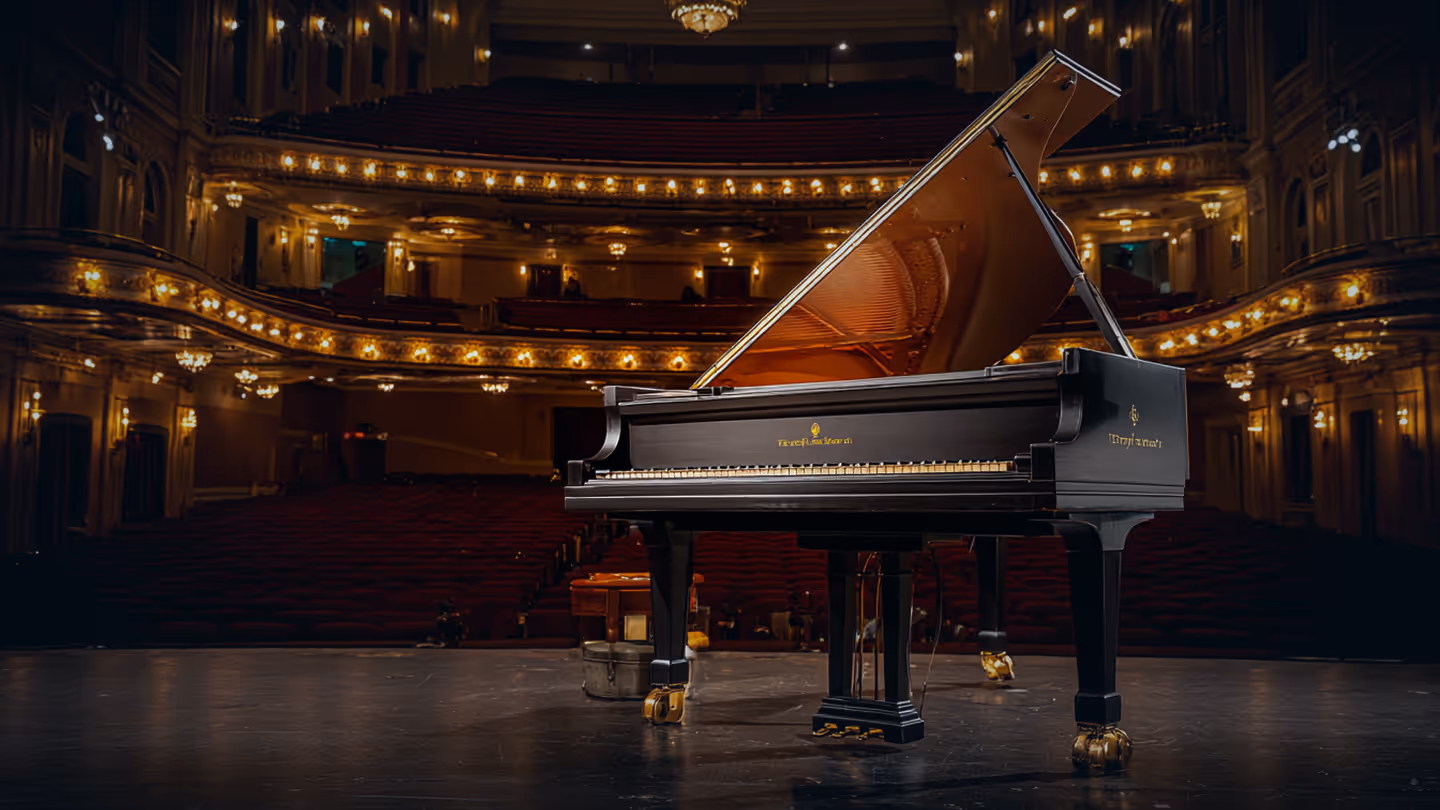 Black grand piano with open lid on stage in an empty, ornate theater with warm lighting.