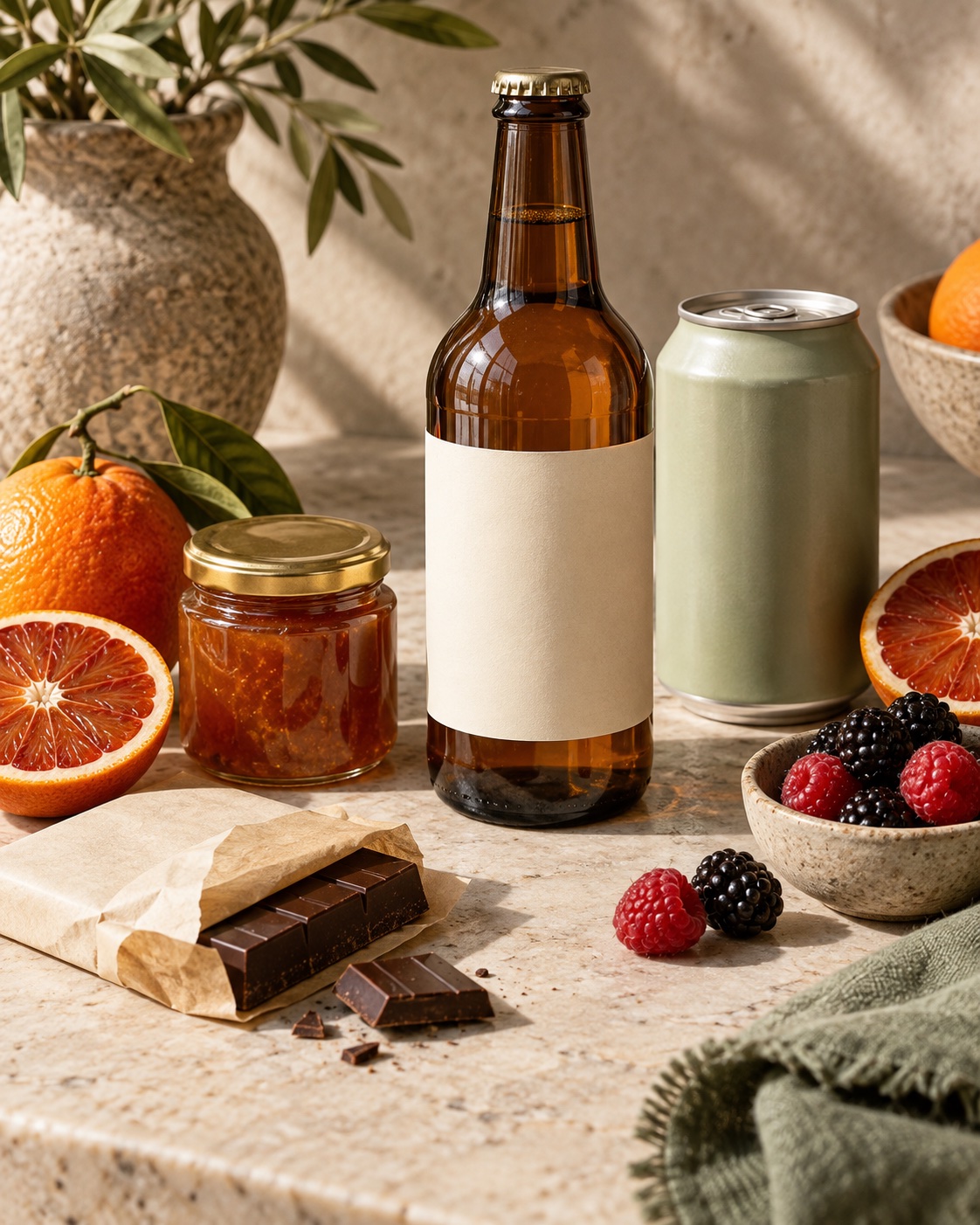 Unbranded drinks, preserves, chocolate and fresh citrus on a stone surface