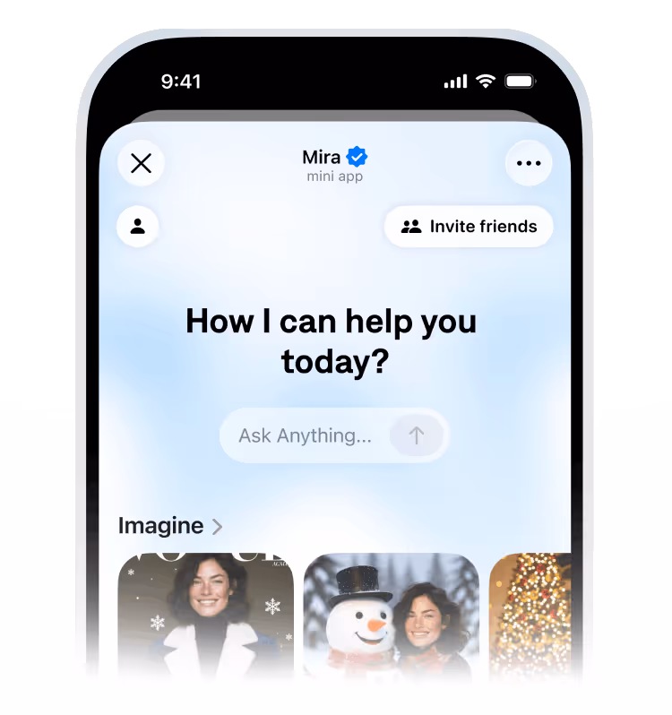 Smartphone screen showing 'Mira' app interface with 'How I can help you today?' prompt and an input box labeled 'Ask Anything...'.