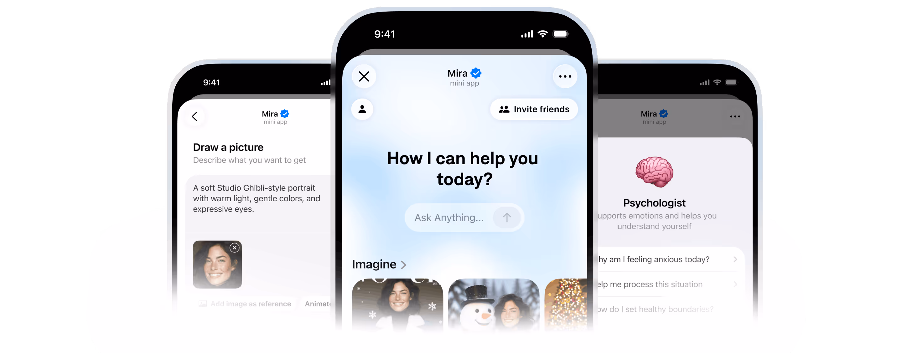 Three smartphone screens of the Mira app showing prompts for drawing a Studio Ghibli-style portrait, a main help interface, and a psychologist feature.