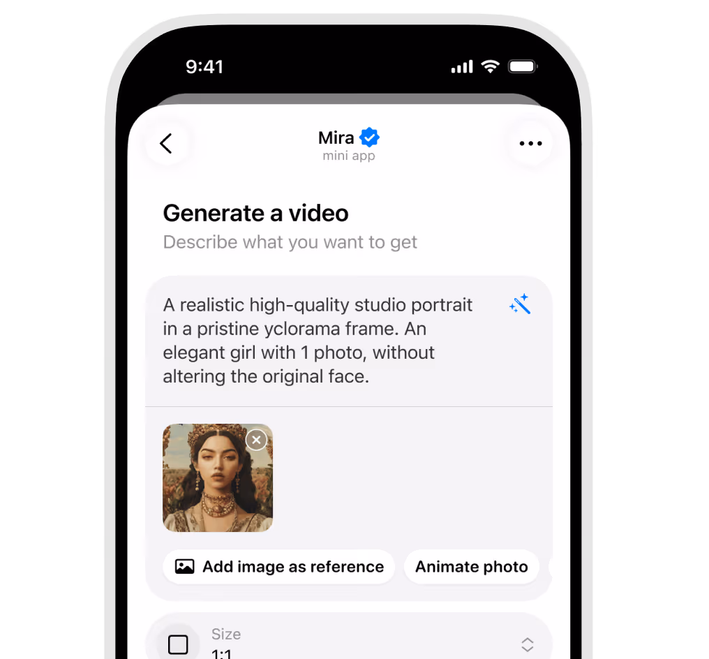 Mobile app screen showing 'Generate a video' feature with text input describing a realistic high-quality studio portrait of an elegant girl, including a small reference photo of a woman dressed in ornate, traditional attire.