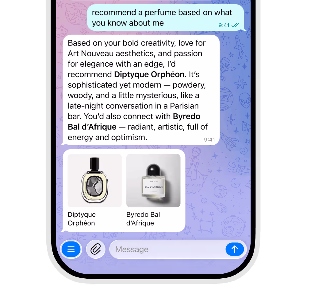 Chat conversation recommending perfumes Diptyque Orphéon and Byredo Bal d'Afrique with descriptions and images of the perfume bottles.