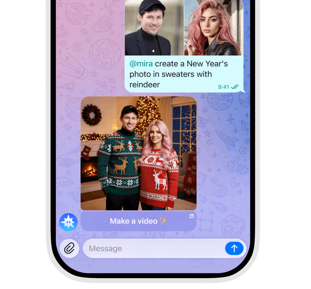 Messaging app screen showing a request to create a New Year's photo in sweaters with reindeer, followed by a photo of a man and woman wearing festive Christmas sweaters with reindeer patterns in a decorated room.