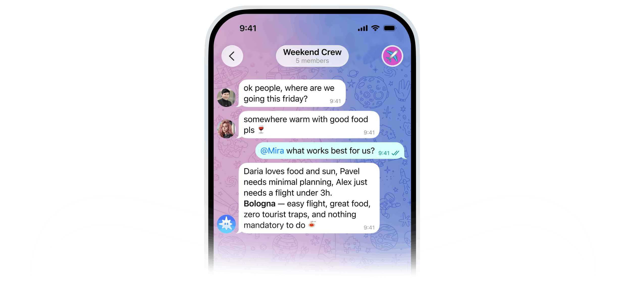 Phone screen showing a Weekend Crew group chat discussing weekend travel plans with messages about food, flight duration, and Bologna as a destination.