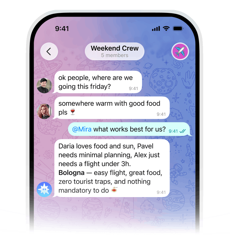 Chat screen of a group named Weekend Crew with 5 members planning a Friday trip discussing warm destinations with good food, mentioning Bologna for easy flight and great food.
