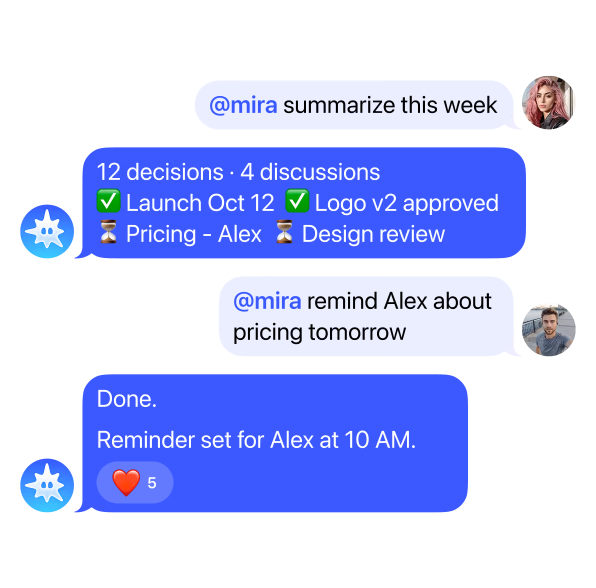 Chat messages showing a summary of decisions, a reminder set for Alex about pricing at 10 AM, with avatars.