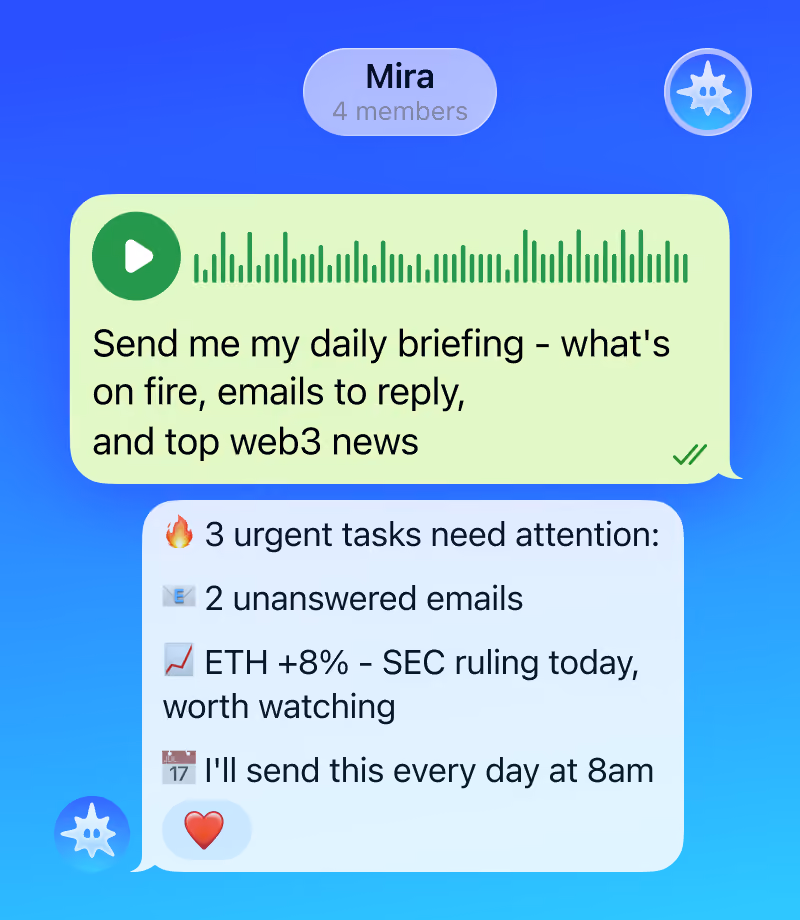 Chat app showing a voice message requesting daily briefing on urgent tasks, emails, and web3 news.