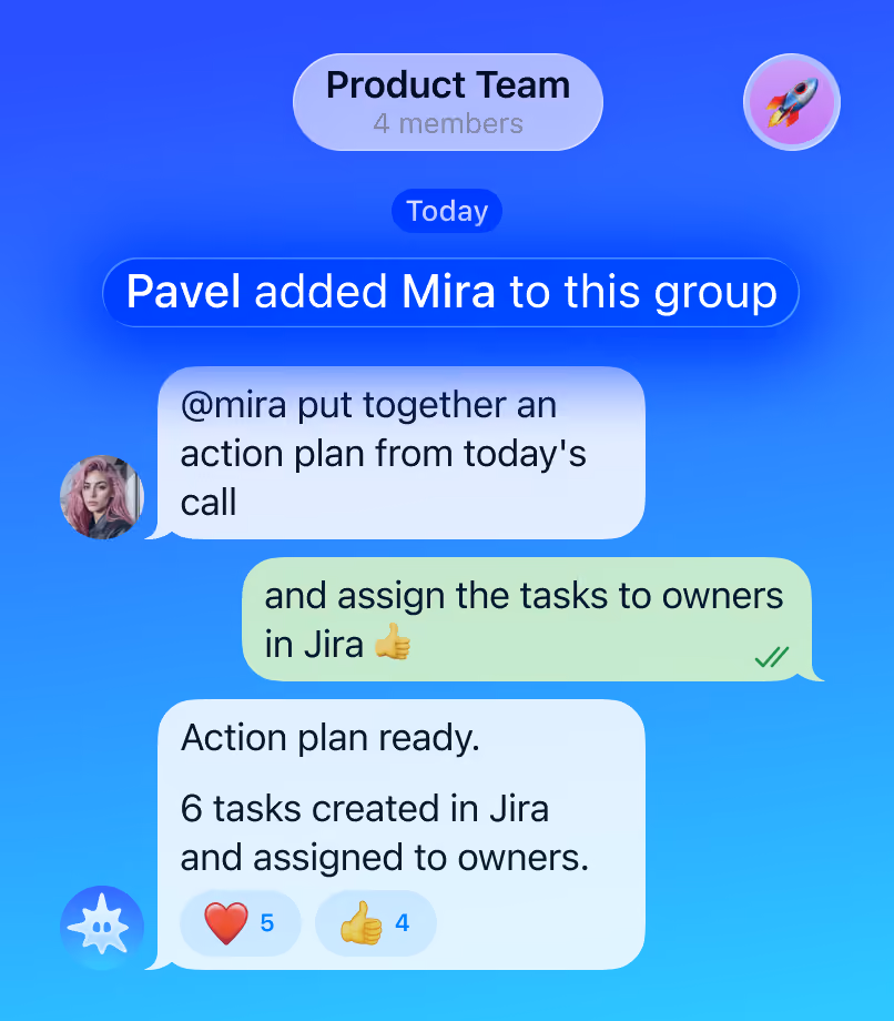 Chat of Product Team where Pavel adds Mira; action plan with six Jira tasks assigned to owners.
