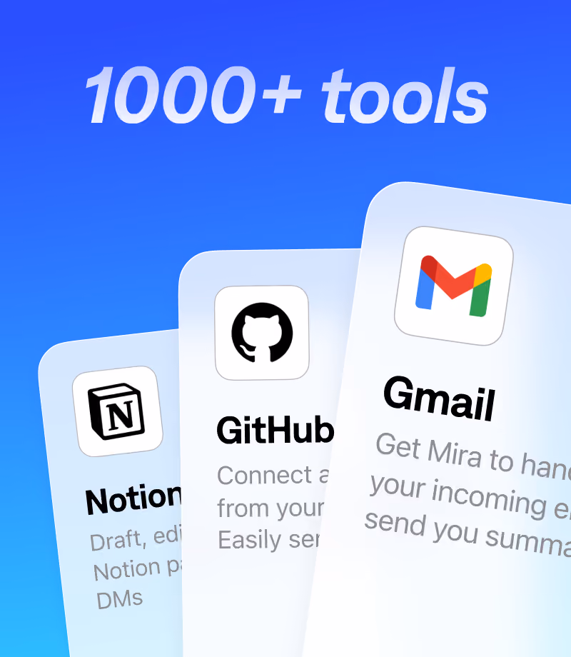 Text '1000+ tools' above cards showing Notion, GitHub, and Gmail app icons and partial descriptions.