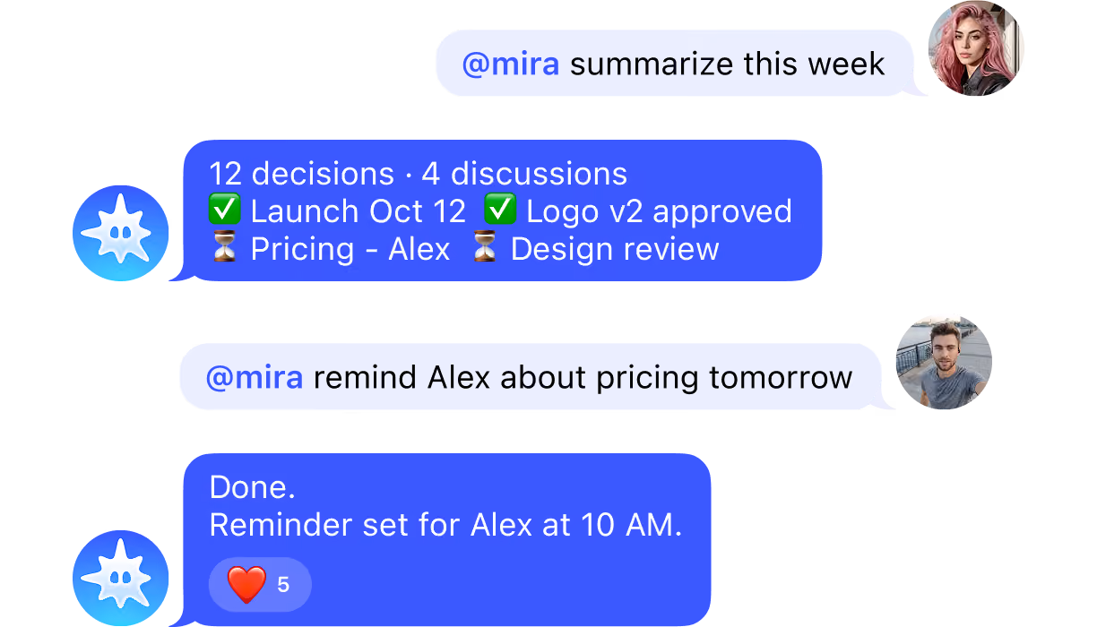 Chat showing a weekly summary, reminder to Alex about pricing, and confirmation of reminder set for 10 AM.
