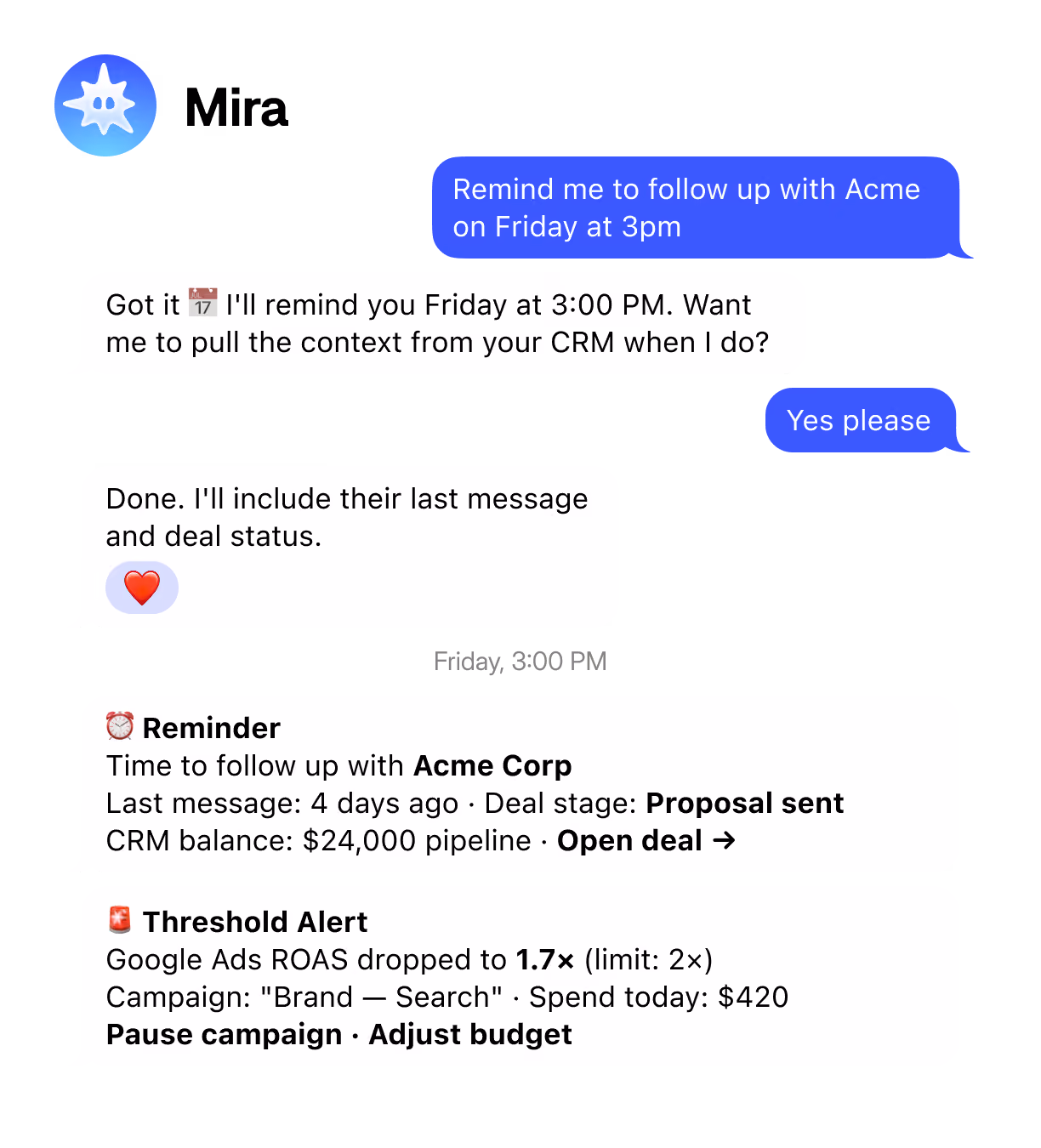 Chatbot confirms a reminder to follow up with Acme Friday at 3pm, includes CRM deal details and Google Ads alert.