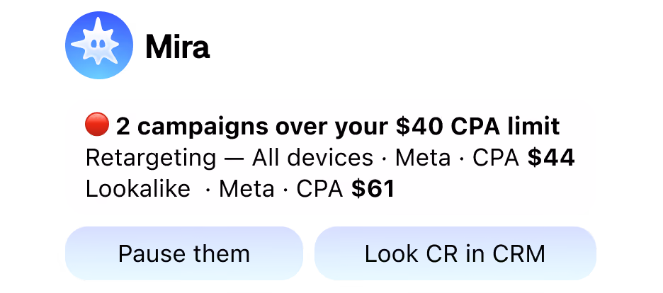 Alert shows 2 campaigns exceeding $40 CPA limit: Retargeting $44 and Lookalike $61 on Meta platforms.