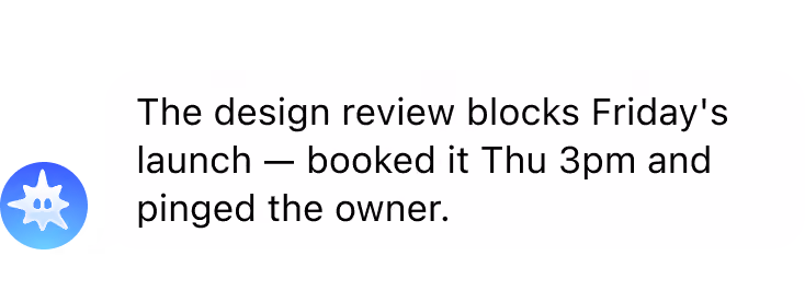 Chat screenshot: user asks "@mira who pushed back on the pricing plan?"; bot replies "Sam and Dana — both concerns still unresolved."