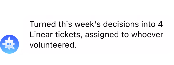 Chat screenshot: bot message "Pinged Alex — the pricing decision has been open 6 days with no reply."
