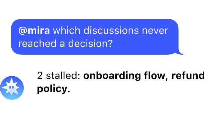 Chat screenshot: bot message "Turned this week's decisions into 4 Linear tickets, assigned to whoever volunteered."