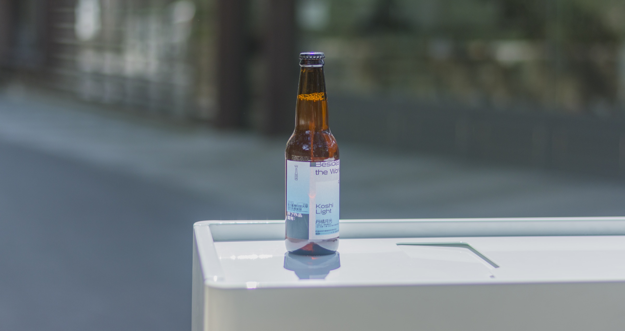 A beer bottle resting on the bin's top insertion slot
