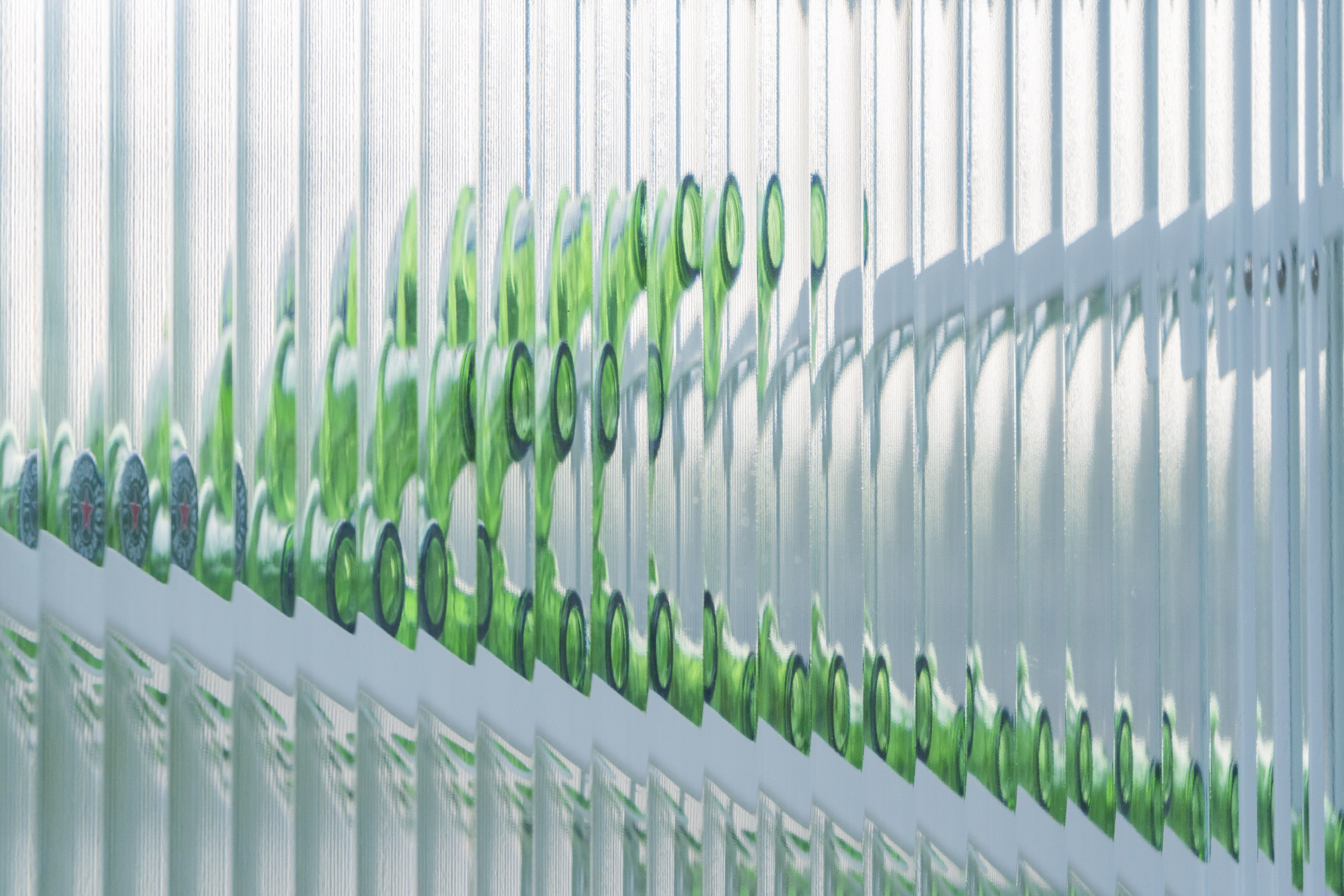 Rows of collected green bottles seen through the fluted glass panel