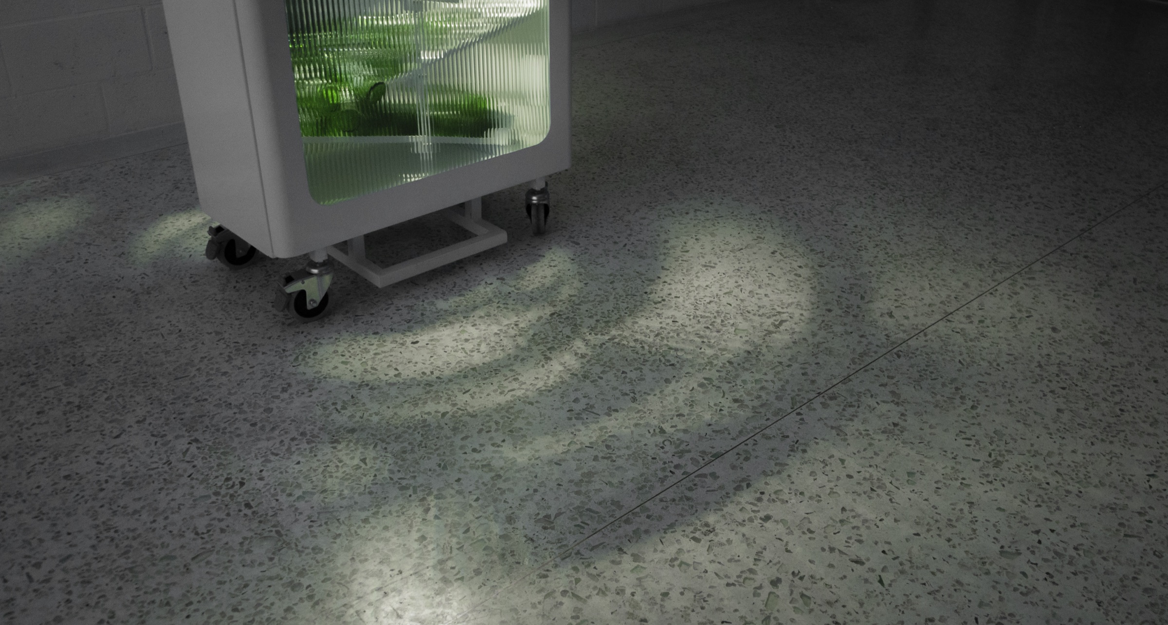 Light patterns cast on the ground beneath the illuminated bin