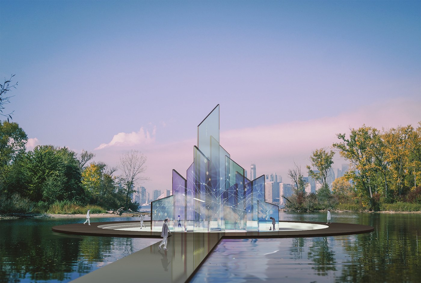 Render of the AI cemetery, a cluster of angular glass panels on a circular platform in a lake at dusk