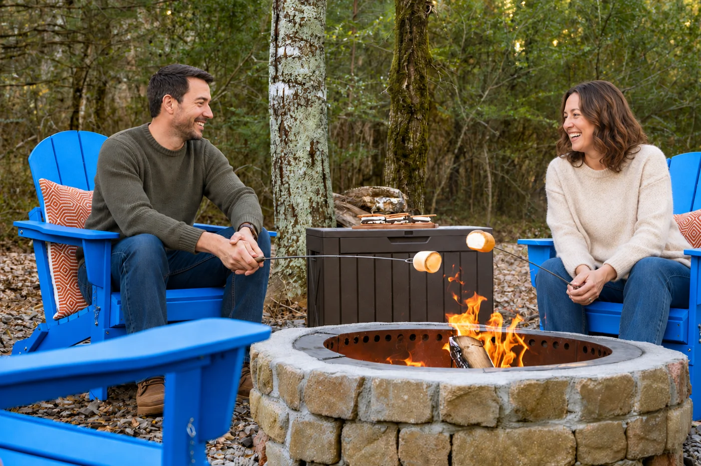 A couple enjoying the outdoor firepit together