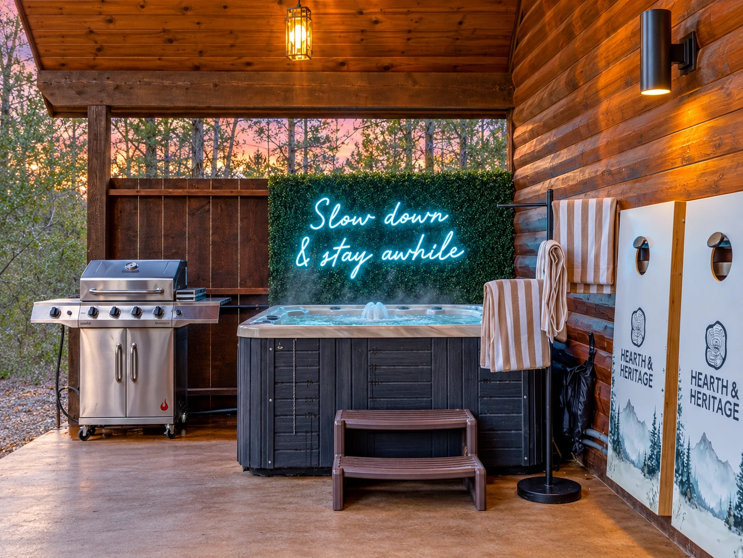 Private hot tub on the covered patio at sunset