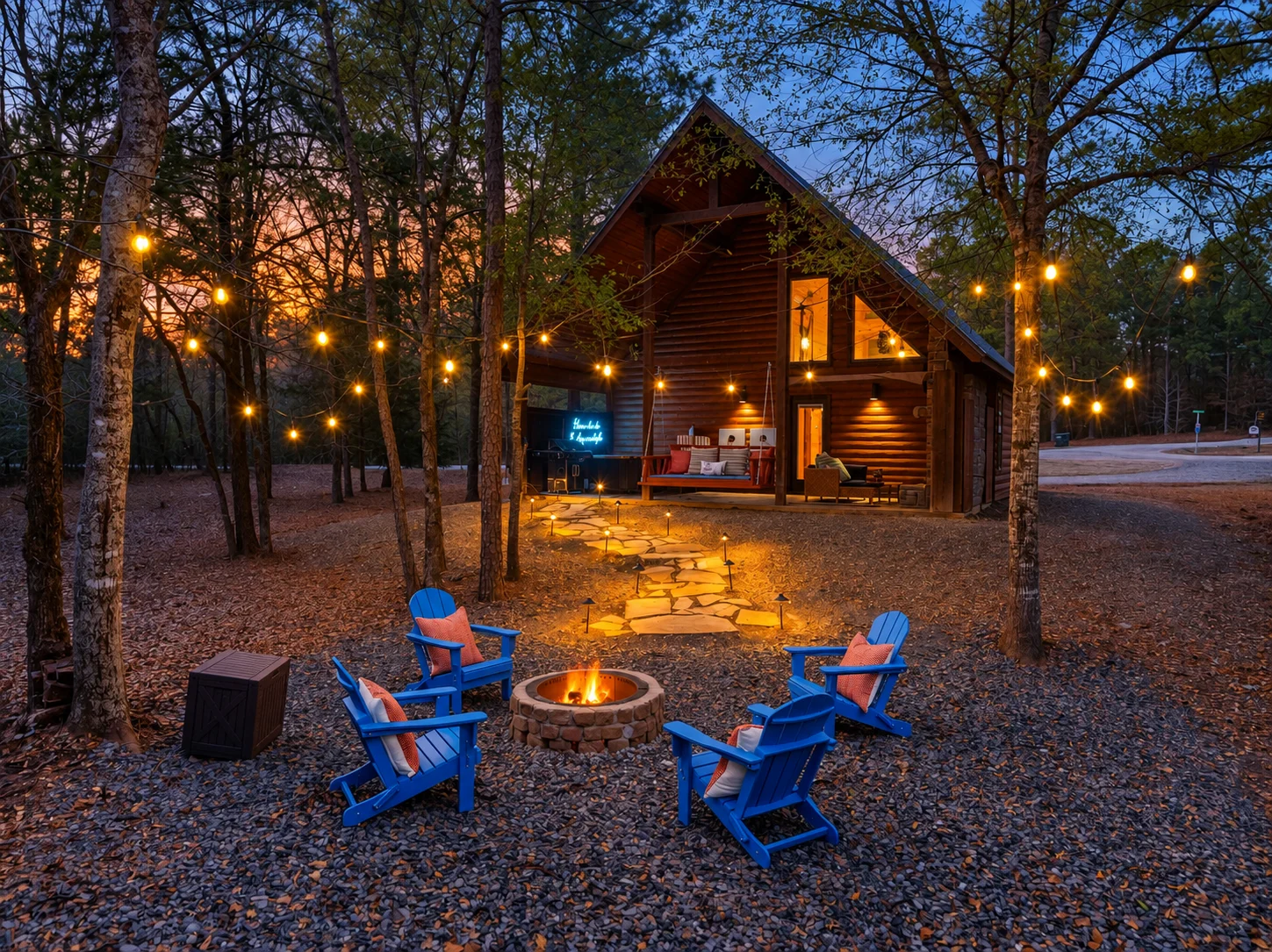 A glowing cabin and firepit under string lights in the woods