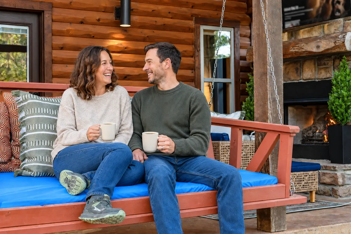 A couple enjoying coffee on the swing daybed at Hearth and Heritage