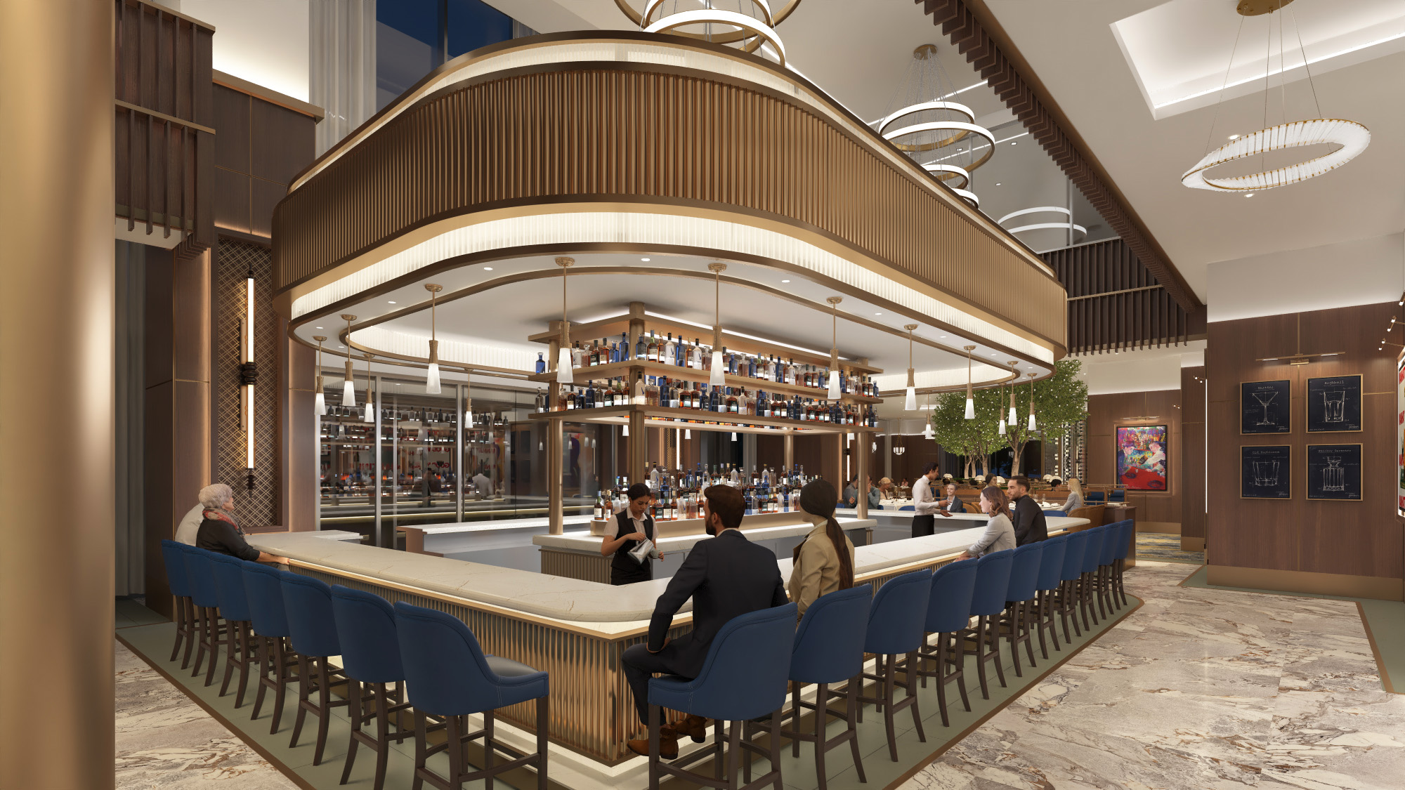 Modern, elegant bar with a large marble countertop surrounded by blue bar stools and pendant lighting, with people seated and bartender serving drinks.