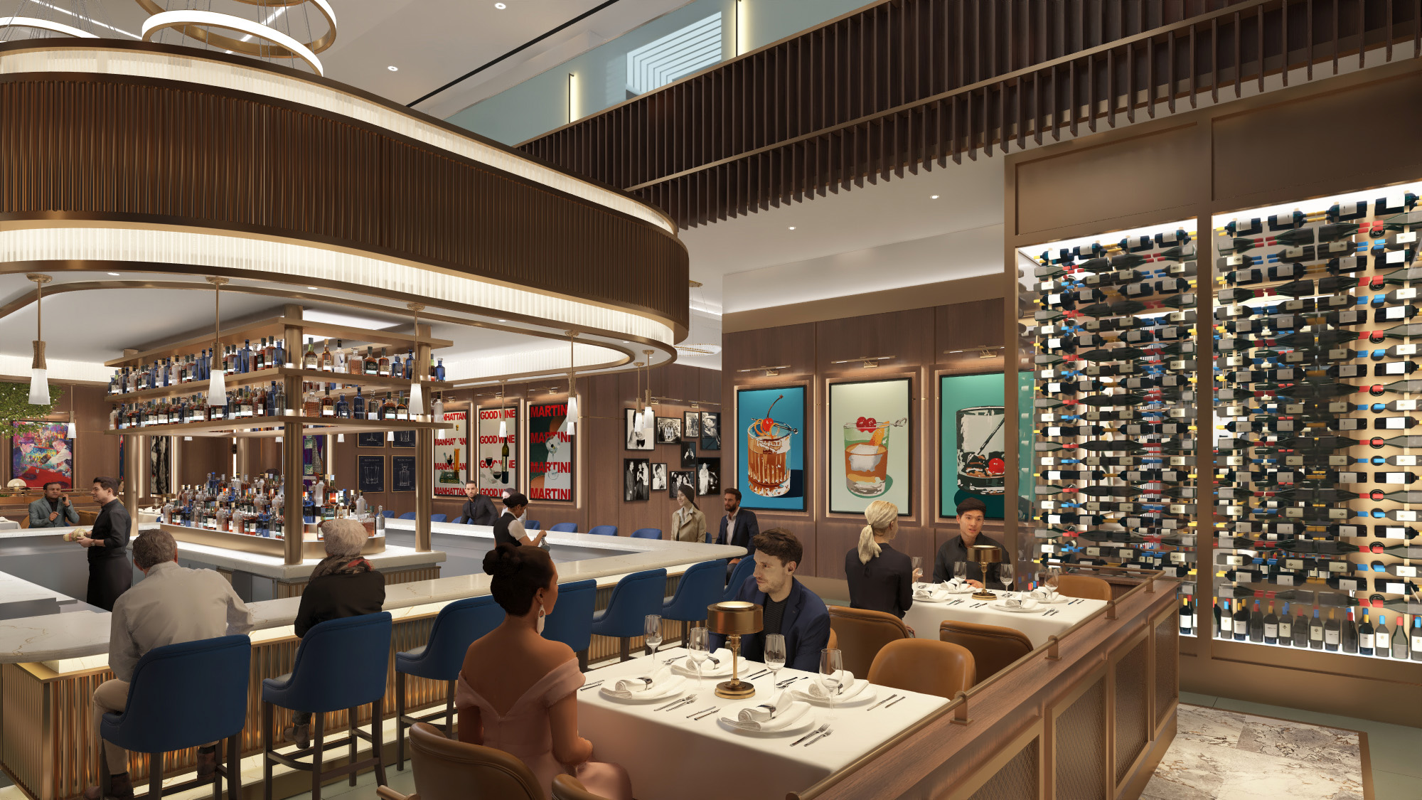 Elegant bar and dining area with patrons seated at a marble bar and tables set with white linens, featuring a large wall of wine bottles and colorful cocktail artwork.