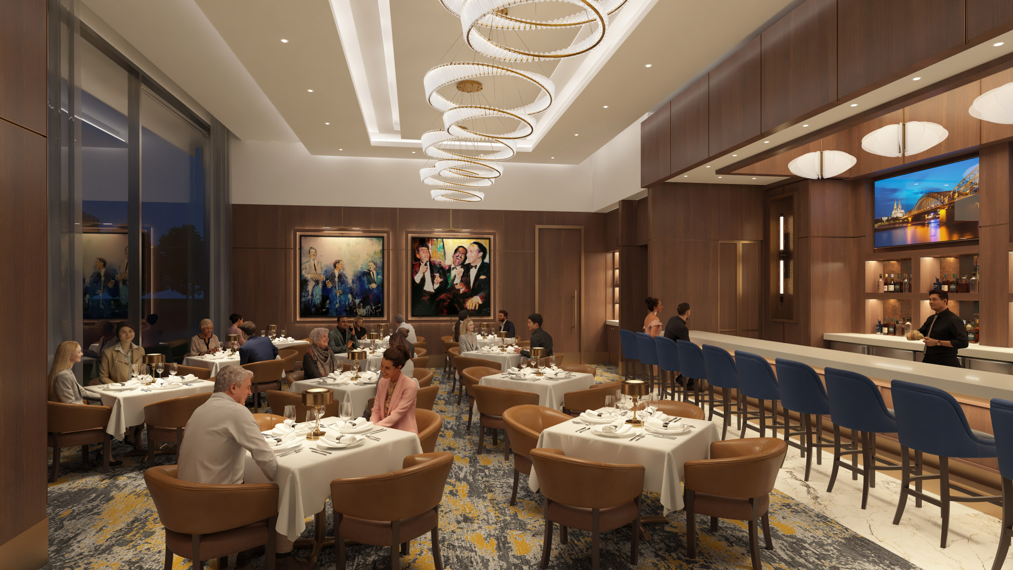 Elegant restaurant interior with brown leather chairs, tables set with white tablecloths, pendant lighting, artworks on walls, and a bar with blue stools and a bartender.