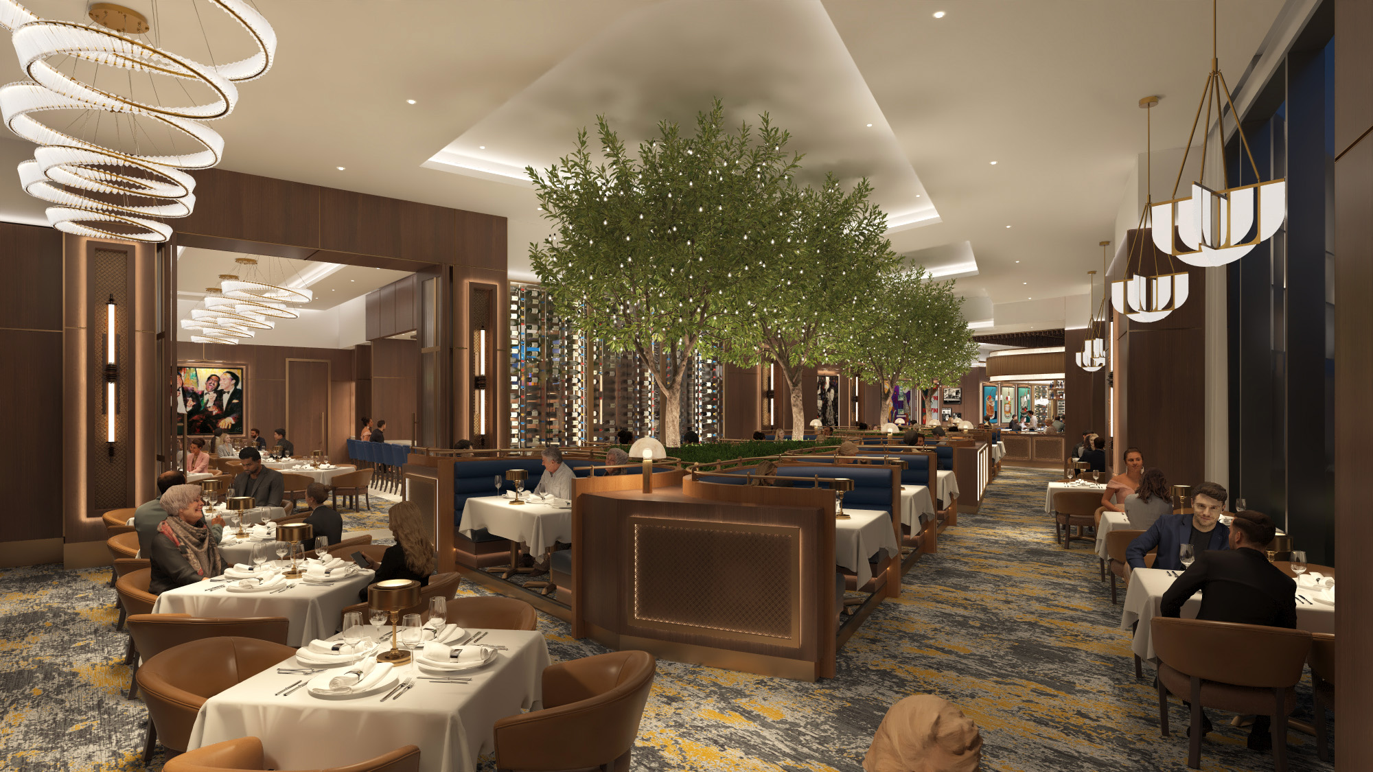 Elegant restaurant interior with white tablecloths, leather chairs, blue booths, green indoor trees, and modern lighting fixtures.