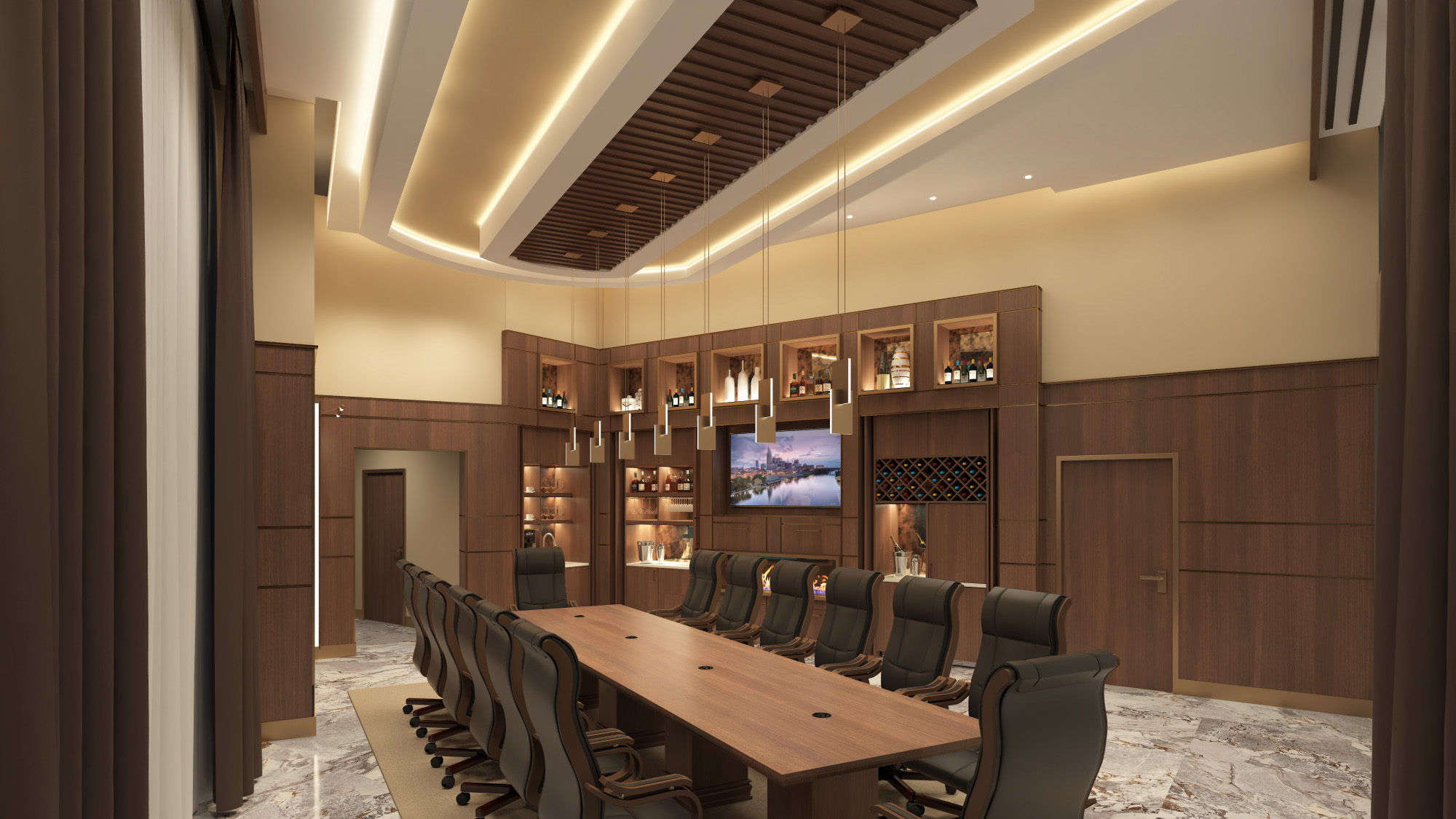 Modern conference room with long wooden table, black executive chairs, wood-paneled walls, built-in shelves with bottles, wine rack, and ceiling pendant lights.