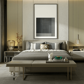 Modern bedroom with a large bed, abstract black and white artwork above the headboard, neutral-toned decor, and a bench with decorative items in front.