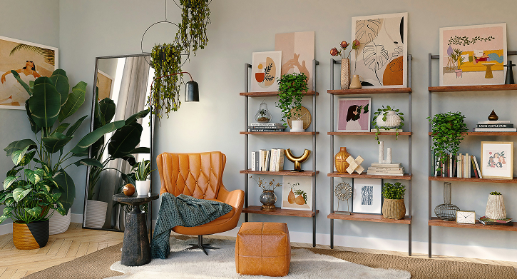 Cozy living room corner with a tan leather armchair, matching ottoman, hanging plants, full-length mirror, and three wooden shelves decorated with books, plants, and art pieces.