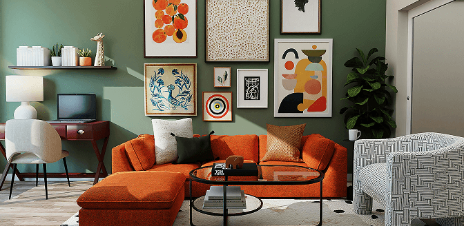 Modern living room with an orange sectional sofa, patterned cushions, abstract and botanical art on a green wall, a standing plant, and a side table with a lamp and computer.