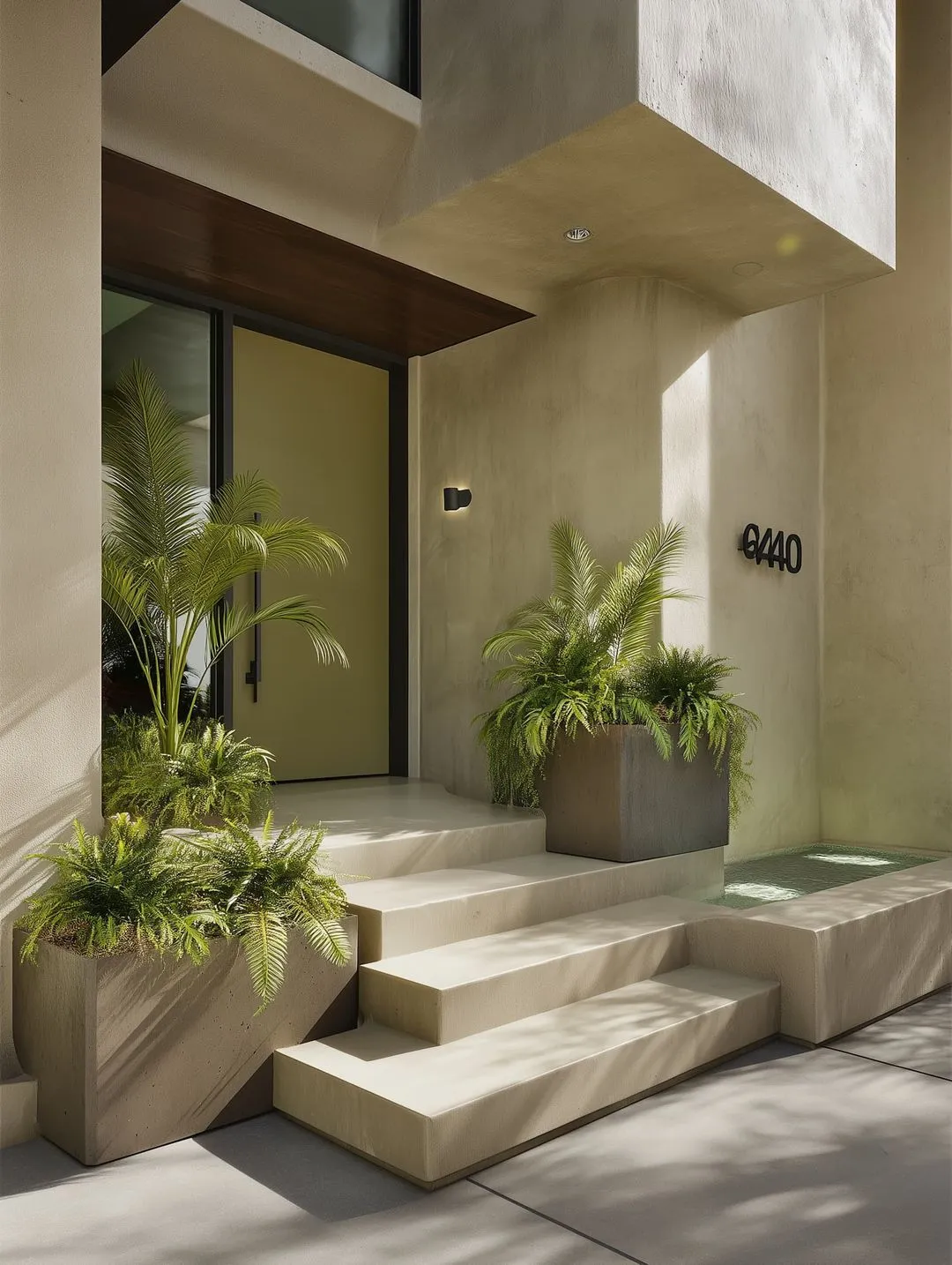 Modern entryway with beige concrete steps, large door, potted green plants, and house number 6440 on textured wall.