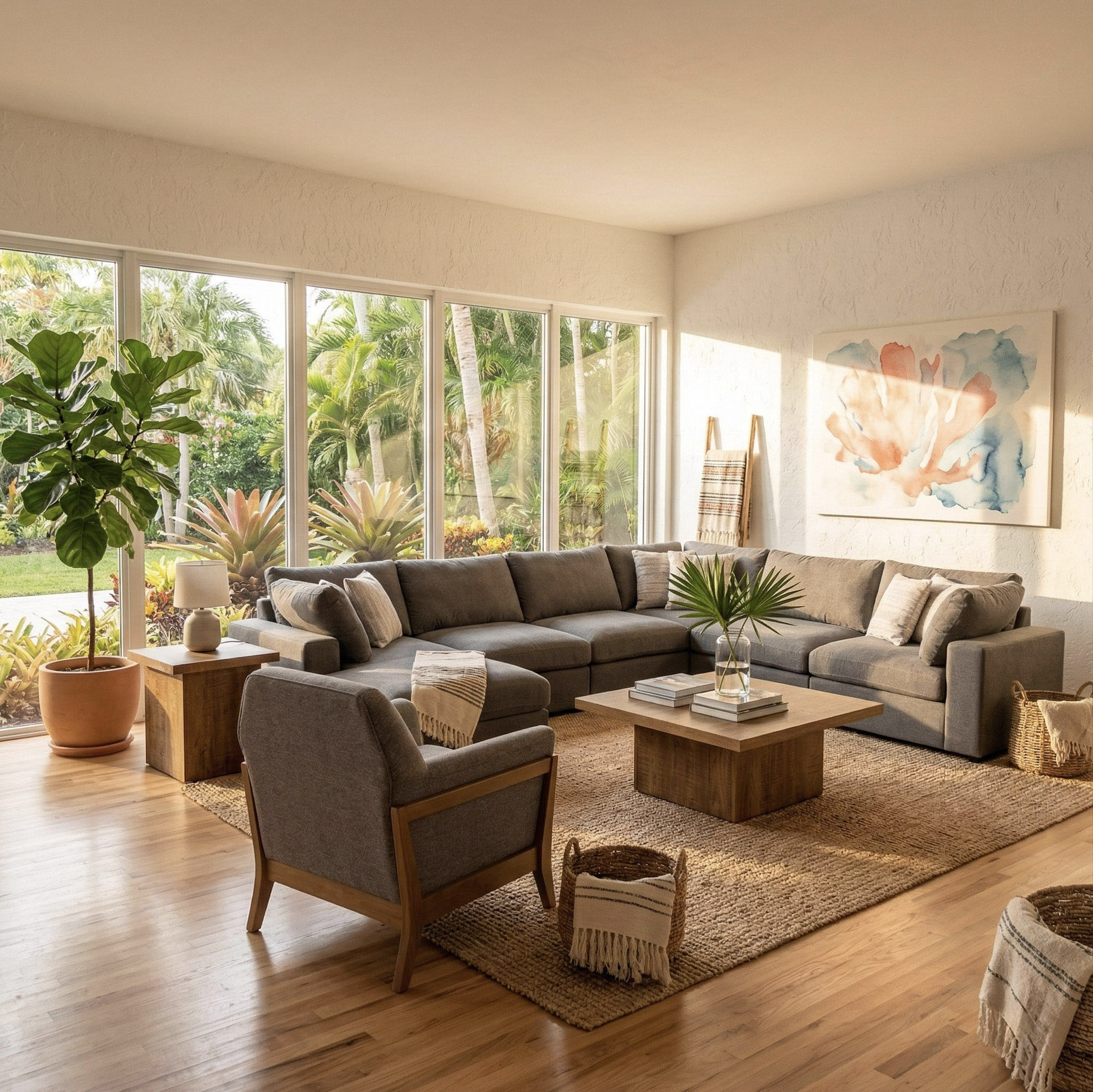 Bright living room with large windows overlooking lush garden, featuring gray sectional sofa, wooden coffee table, armchair, and indoor plants.