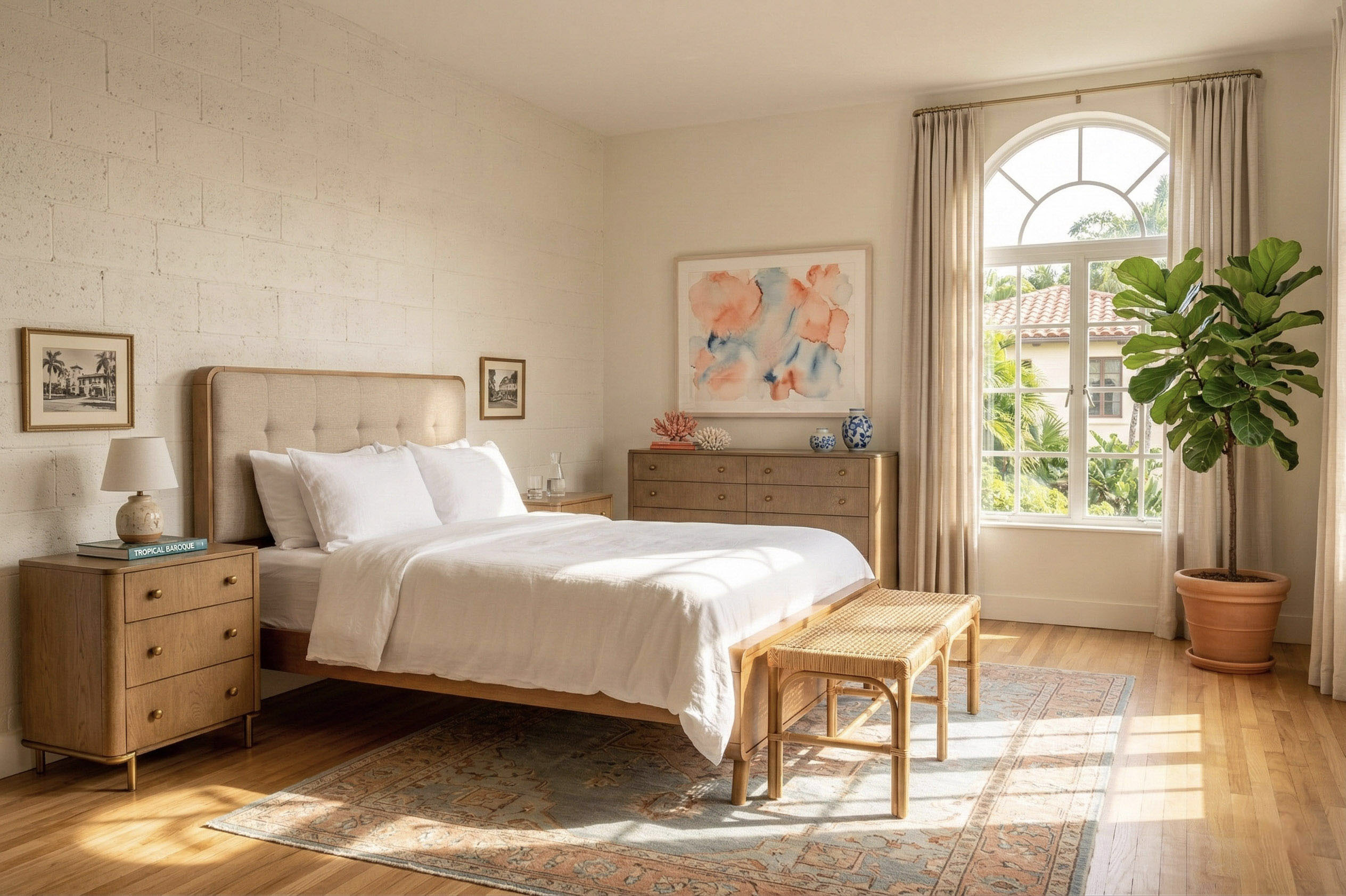 Bright bedroom with white bedding, wooden furniture, a large arched window, and a potted green plant.