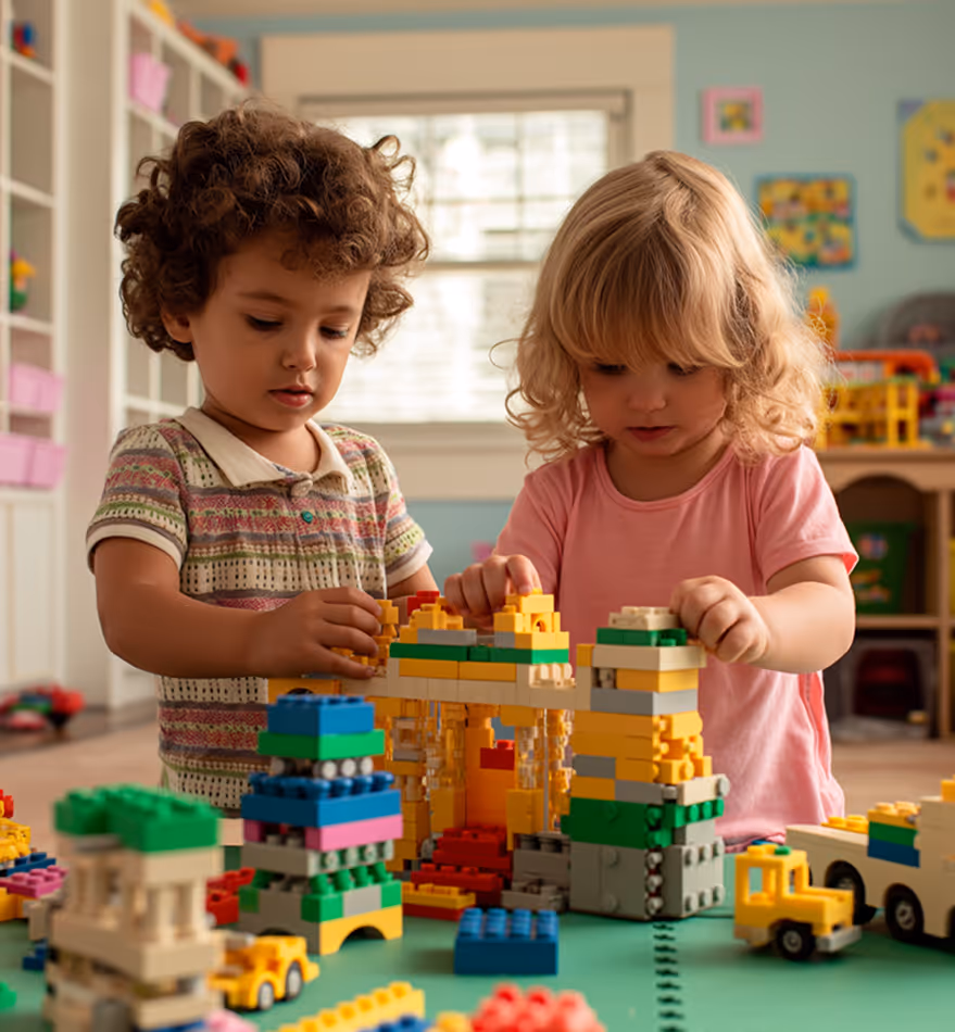 Two young children playing and building colorful Lego structures indoors at a table.