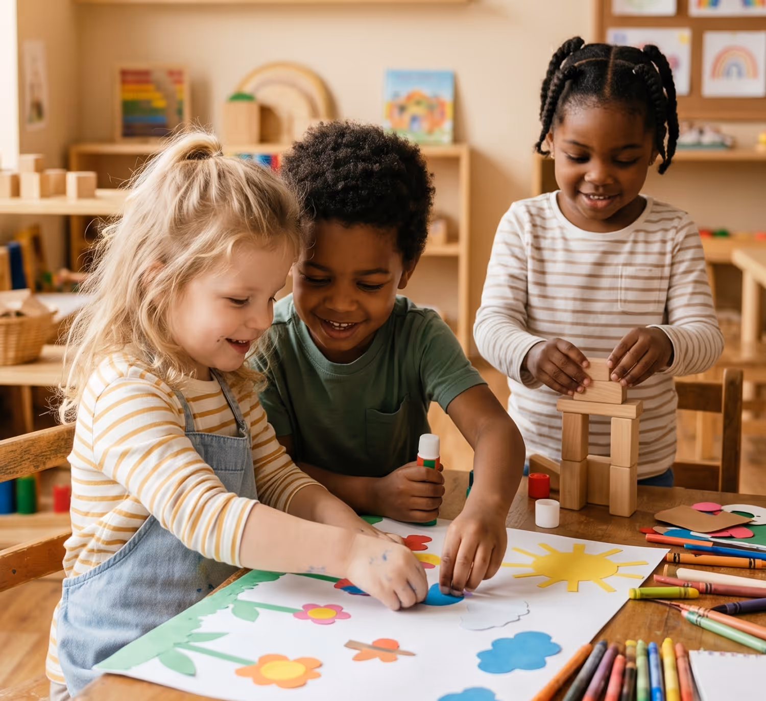Three children happily crafting with paper, glue, crayons, and wooden blocks at a table.